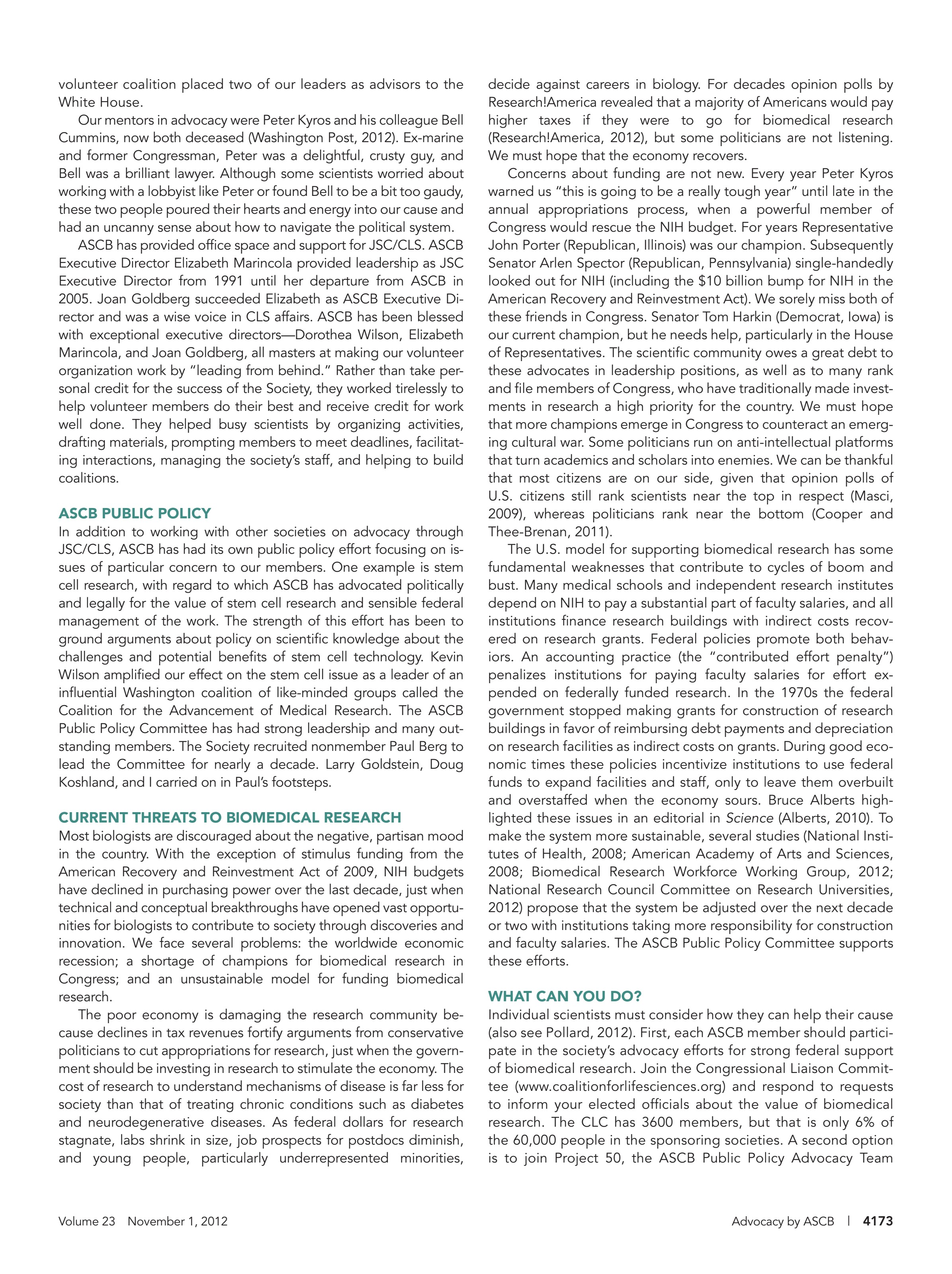 Page 3 of the article, discussing ASCB public policy and current threats to biomedical research.
