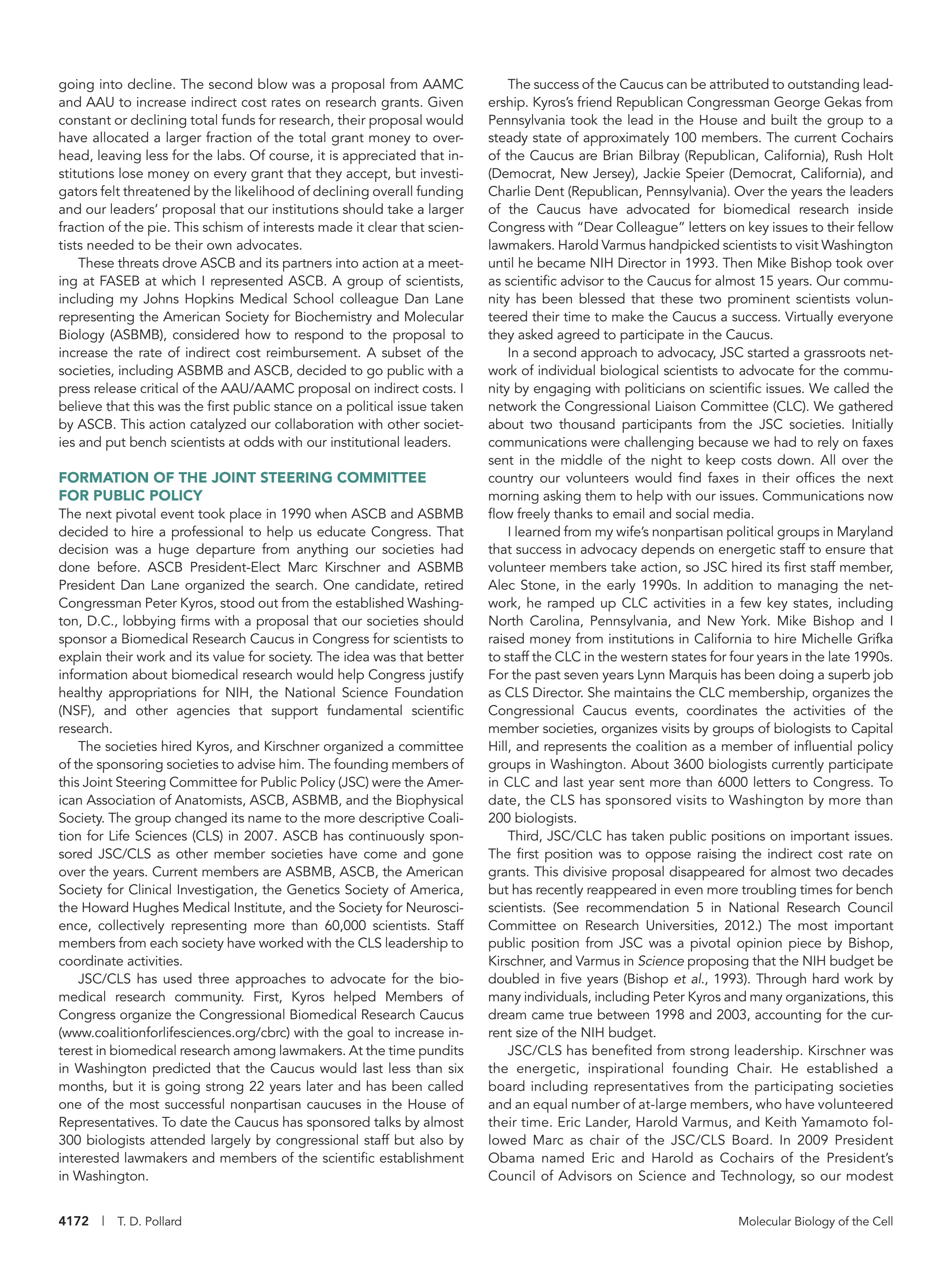Page 2 of the article, covering the formation of the Joint Steering Committee for Public Policy and the Congressional Biomedical Research Caucus.